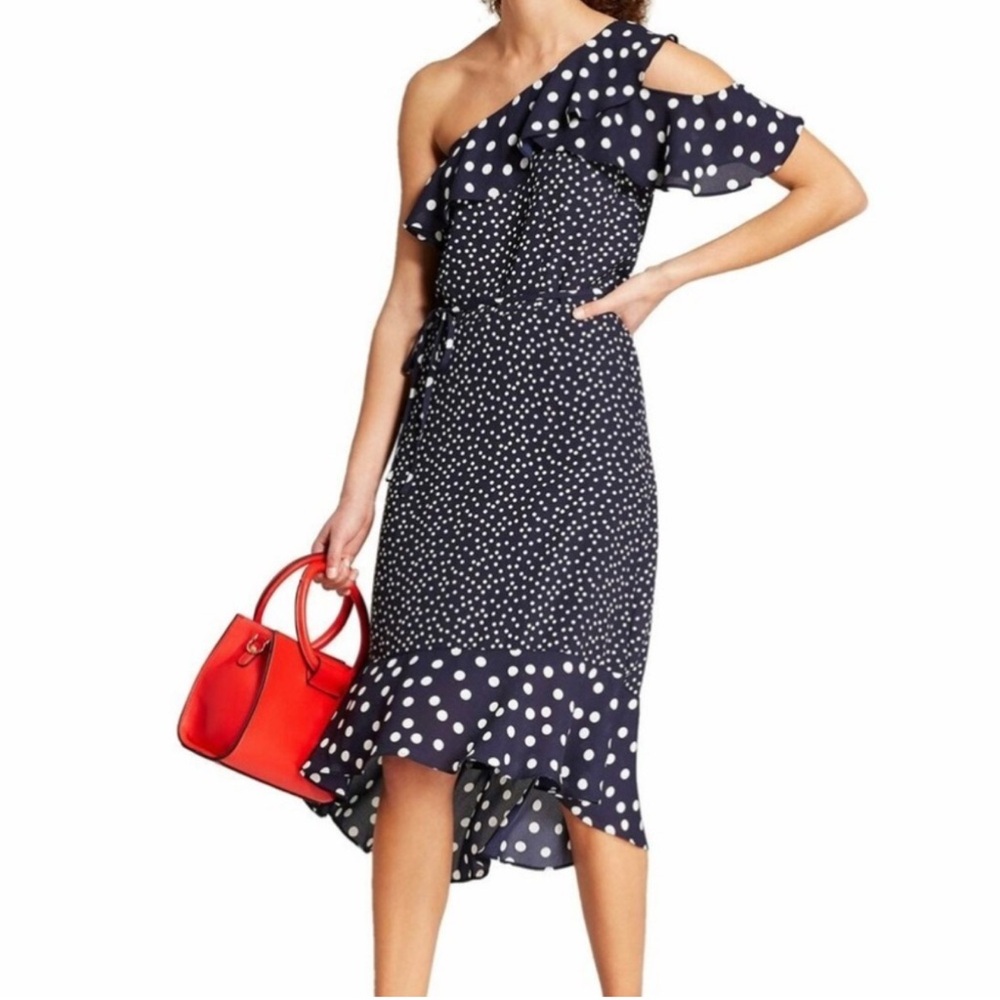 A New Day Mixed Polka Dot One Shoulder Ruffle Midi Dress - Navy Blue/White - S